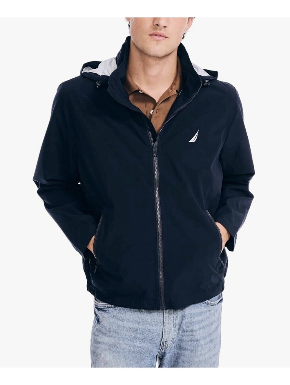 Nautica Men’s XXL Rainbreaker Bomber Jacket Navy Hooded Water Resistant J35000